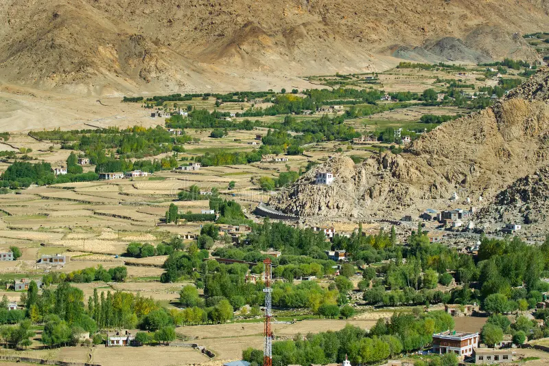 Shyok river valley and Himalayan agriculture view